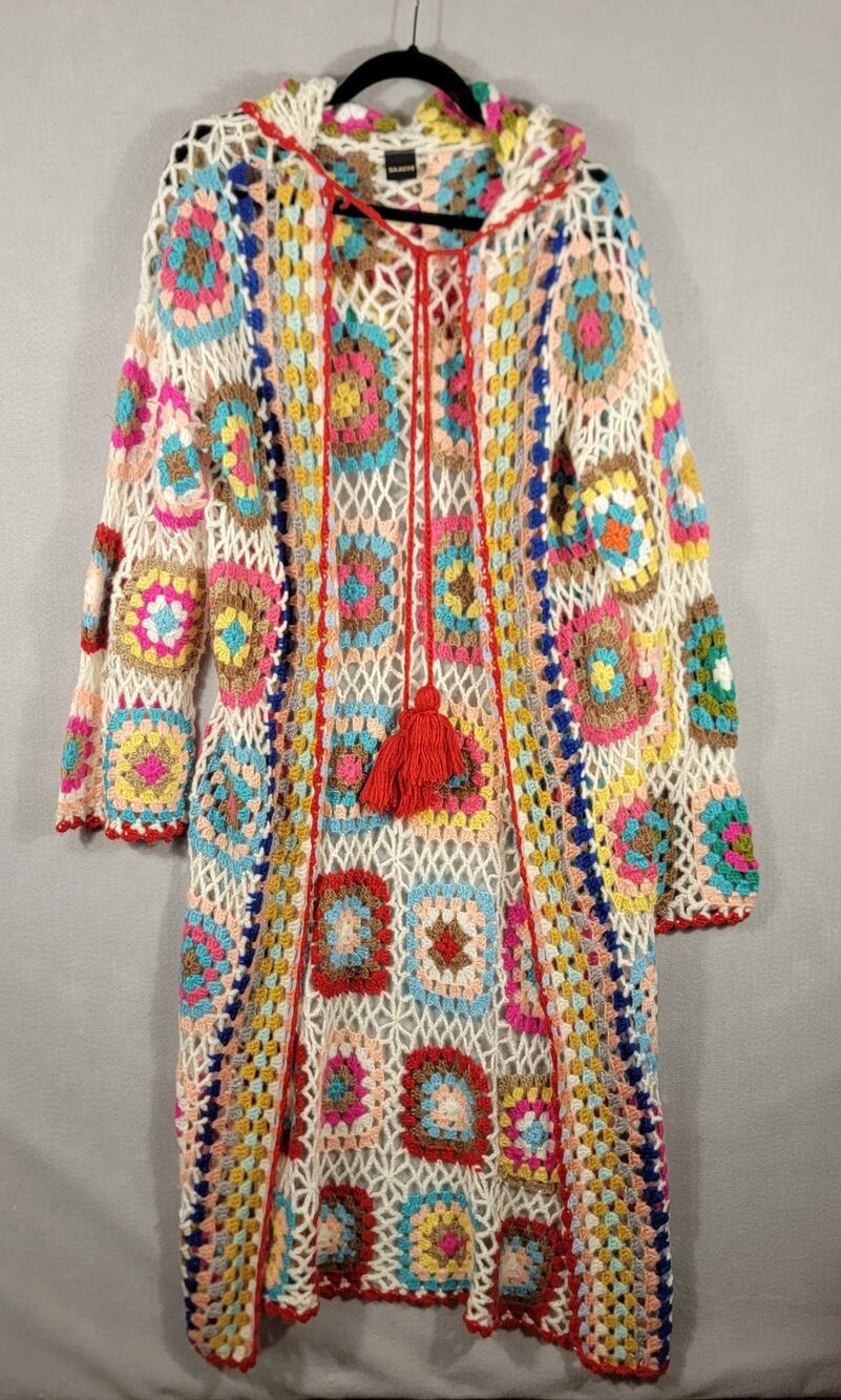Saachi Granny Square Crocheted Long Hooded Kimono Sweater Ruana Cardigan OS